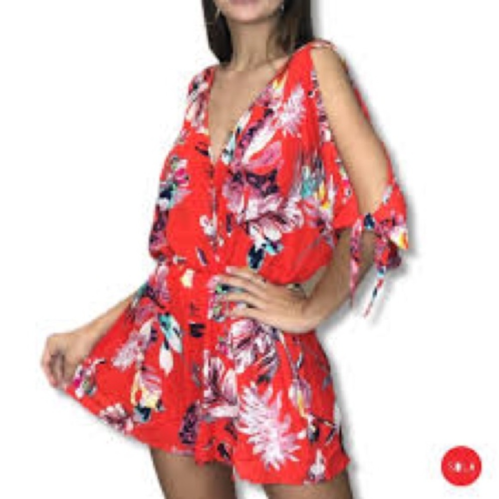 She + Sky Red Floral Cold-Shoulder Romper